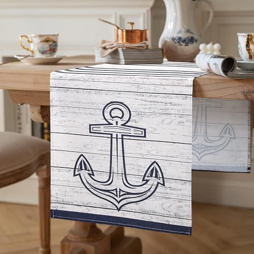 Tischläufer Grau Modern Küche Esstisch Dekoration Tischläufer 40 x 140 cm Leinen Tischläufer Landhausstil Retro Art Maritimes Thema Blau Streifen und Anker für Drinnen und Draußen Urlaub Party Dekor von Serento