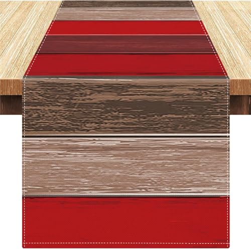 Tischläufer Leinen Tischläufer Rot Orange Leinen Moderne 33x183cm Tischläufer Bauernhaus Rustikale Retro Scheunenholz Textur Planken Antik für Esstisch Party Picknick Kostenlose Küche Dekoration von Serento