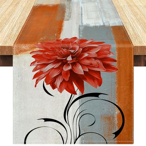 Tischläufer Modern Luxuriös Blume Orange Grau Leinen Tischläufer Weihnachten Abstrakte Kunst Malerei Waschbare Tischdecke für Tischwäsche Esstisch Party Hochzeit Bauernhaus 40 x 140 cm von Serento