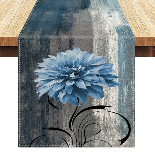 Tischläufer Moderne Boho Marine Blau und Grau Blume Tischdecke Abstrakte Kunstmalerei Blumen Tischläufer Leinen für Weihnachten Feiertage Küche Bankett Esszimmer 40x140cm Herbst von Serento