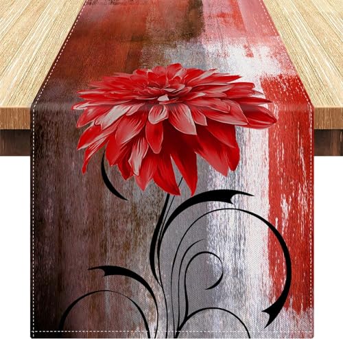 Tischläufer Rot Blumen Grau Tischläufer Leinen Retro Abstrakte Tischdecke Moderne Esszimmer Tischläufer 33 x 183 cm für Drinnen und Draußen Urlaub Party Couchtisch Bauernhof von Serento