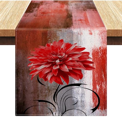 Weihnachts Tischläufer Rot Blumen Grauer und Roter Tischläufer Leinen Abstrakte Weihnachts Tischdecke Moderne Esszimmer Tischläufer Boho für Urlaub Hochzeit Küche Bauernhaus 40 x 140 cm von Serento