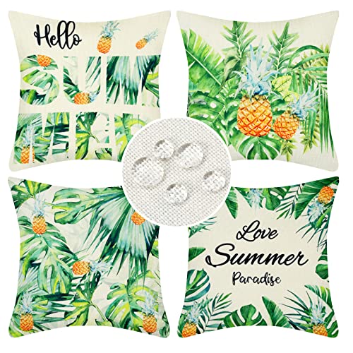 wasserdichte Kissenbezug 45x45 Dekokissen Leinen Sofakissen Sommer Grün Blätter Kissenhülle Tropische Pflanzen und Ananas Kissenbezüge für Outdoor Balkon Terrasse Patio Garten Bauernhaus Dekor 4er Set von Serento