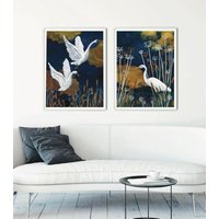 2Er Set Art Prints - See Kunstdruck Swans & Stork Fantasy Poster British Wildlife Wandkunst Vintage Wohnzimmer Schlafzimmer von SerenumArtPrints