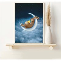 A3 A4 A5 Mond Und Hasennacht Druck | Blauer Verträumter Hase Poster Schlafender |Sweet Dreams Fantasy Art Kinderzimmer von SerenumArtPrints