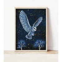 A3 A4 Original Kunst | Spirit Guide Spirituelle Energie Verstärkte Fliegende Nachteule Print Fantasy Wandkunst Wildtier Heilung von SerenumArtPrints