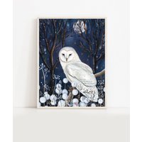 A4 A5 Schleiereule Spirituelle Kunst | Spirit Night Owl Druck Blue Whimsical Art Celestial Print Fantasy Wildlife Wandkunst Mond Eule von SerenumArtPrints