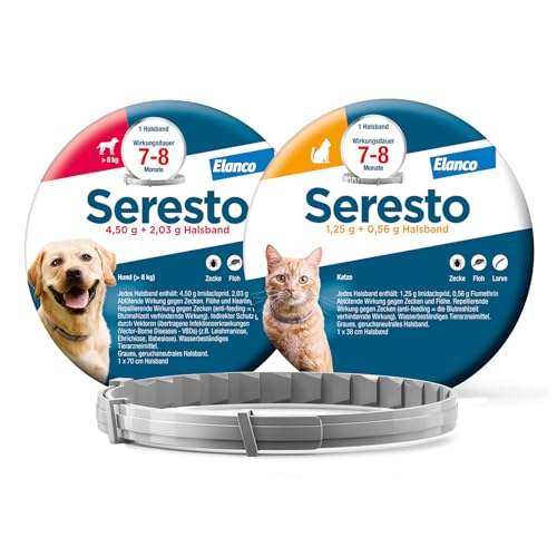 Seresto Kombi-Set: 1 Zeckenhalsband für große Hunde ab 8 kg und 1 Zeckenhalsband für Katzen. Bis zu 7 bis 8 Monate wirksamer Schutz gegen Zecken und Flöhe für Ihre Haustiere von Seresto
