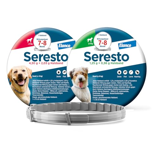 Seresto Kombi-Set: 1 Zeckenhalsband für große Hunde ab 8 kg und 1 Zeckenhalsband für kleine Hunde bis 8 kg. Bis zu 7 bis 8 Monate wirksamer Schutz gegen Zecken und Flöhe für Ihre Haustiere von Seresto