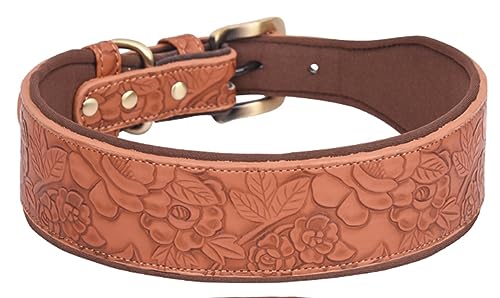 Serijoars Hundehalsband Leder für große Hunde, mittelgroße Hunde & kleine Hunde, Verstellbares, Weich Gepolstertes Halsband für Hunde mit Prägung Print Leder Hundehalsbänder (M, Braun) von Serijoars