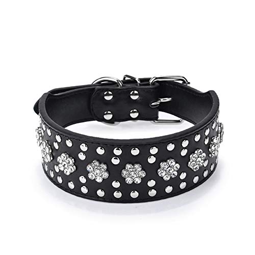 Serijoars Strasssteine Hundehalsbänder Blumenmuster Strass Nieten Leder Funkelnde Kristall Diamanten Schillernd Elegant Fancy PU-Leder Hundehalsband für mittelgroße und große Hunde (L, Schwarz) von Serijoars