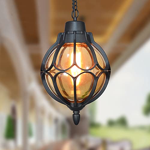 Serin-Eletro Vintage Außen Pendelleuchte Aussen Innen Schwarz Pendellampe Höhenverstellbar Industrie Retro Wasserdicht Rahmen Lampe Kugel-Design Deckenleuchte Glasschirm Laterne,φ22.5 * 38.5CM von Serin-Eletro