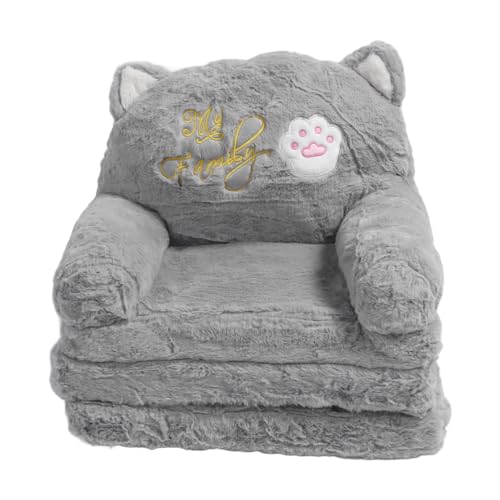 Kindersofa für Babys, Kleinkinder, Cartoon-Katze, umwandelbarer Armlehnenstuhl, ausklappbares Couchbett zum Nickerchen, Spielen, Schlafen, Grau (3 Schichten) von Serlium