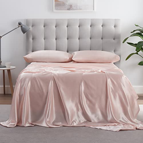 Serta SatinLuxury 3-teiliges Bettwäscheset mit Kissenbezügen, weich, leicht, Tiefe Taschen, seidiges Satin-Bettwäsche-Set mit Kissenbezügen, Twin XL, Blush von Serta