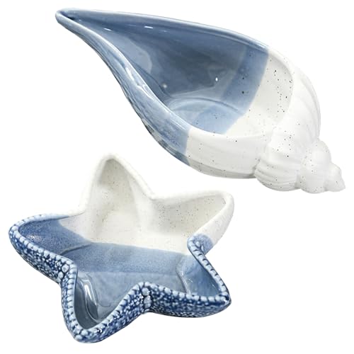 Sertay 2 Stück Seestern Schmucktabletts, Muschel Deko Schalen, Sea Schmuck Tablett Keramik, Porzellan Schmuckteller Set, Geeignet zur Aufbewahrung von Ringen, Ohrringen, Anhängern, Halsketten von Sertay
