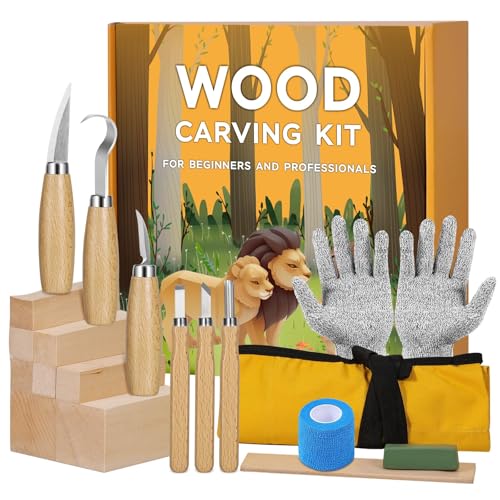 19 in 1 Holzschnitzwerkzeuge Set für Erwachsene Kinder Anfänger, Holzschnitzset mit 8 Lindenholz-Schnitzblockset, 6 Schnitzmesser für Holz, Schnittfeste Handschuhe Rolltasche Spitzer Klebeband von Seruno X
