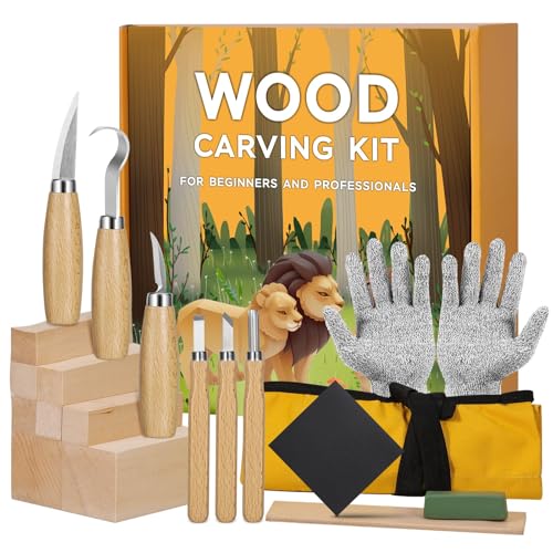 19 in 1 Holzschnitzwerkzeuge Set für Erwachsene Kinder Anfänger, Holzschnitzset mit 8 Lindenholz-Schnitzblockset, 6 Schnitzmesser für Holz, Schnittfeste Handschuhe Rolltasche Spitzer Sandpapier von Seruno X