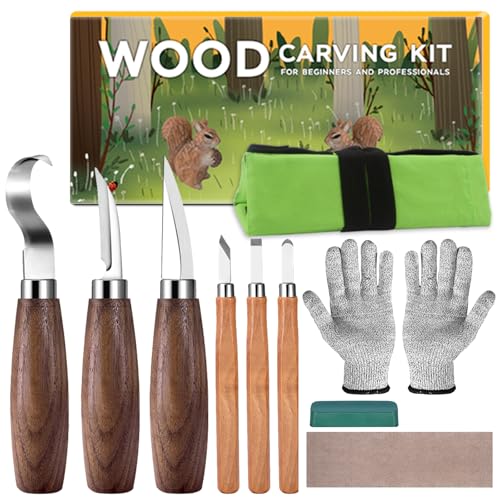 10 in 1 Holzschnitzwerkzeuge Set, Schnitzset mit 6 Schnitzmessern für Holz, Holz Schnitzen Set mit Schnittfeste Handschuhe, Rolltasche, Spitzer, Schnitzwerkzeug Set für Erwachsene, Kinder, Anfänger von Seruno X