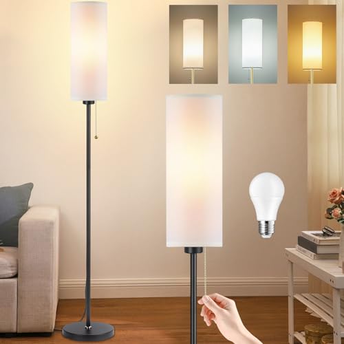 Seruno X Stehlampe Wohnzimmer, Weiß Standleuchte mit 3 Farbtemperaturen 9W LED Glühbirne, Modern Stehlampe mit Schwarz Mast, Zugschalter, Leselampe Stehleuchte für Wohnzimmer Schlafzimmer Büro von Seruno X