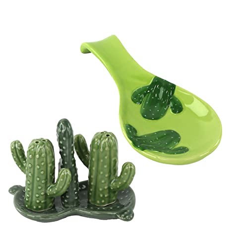 Keramik-Herdplatten-Set mit Salz- und Pfefferstreuer und Löffelablage – Kaktus von Servette Home