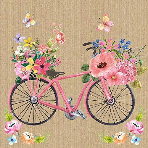 20 Servietten Fahrrad voller Blumen geschm?ckt | Vintage | beige | Blumen | floral | Frühling | Sommer | Tischdeko 33x33cm von Serviette Blumen