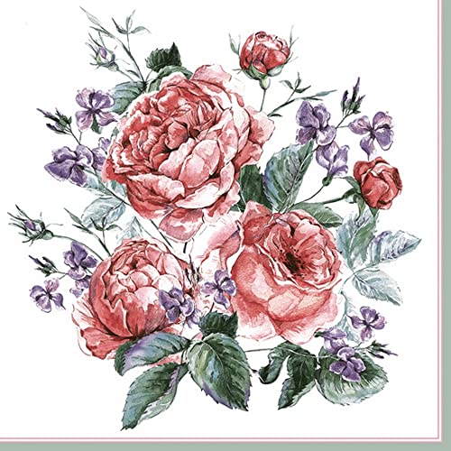 20 Servietten Gezeichnete rote Rosen | Blumen | Vintage | zeitlos | neutral | floral | Frühling | Sommer | Tischdeko 33x33cm von Serviette Blumen