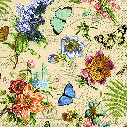 20 Servietten Vintage Summer Sommerszene Vintage/Blumen/Schmetterlinge 33x33cm von Serviettenshop