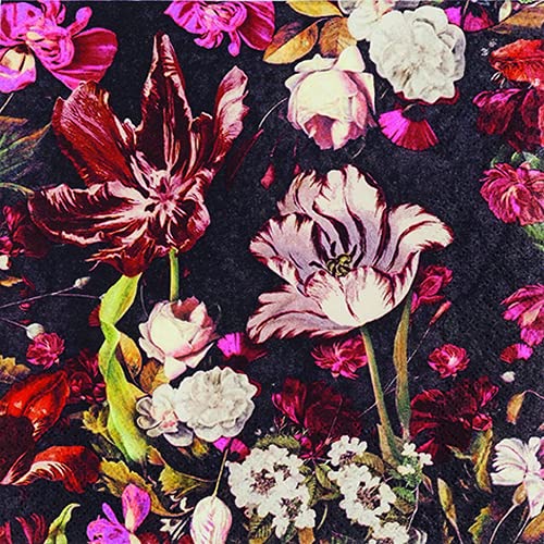 20 Servietten Blumen Orchester auf Schwarz | Vintage | Tischdeko 33x33cm von Servietten Blumen