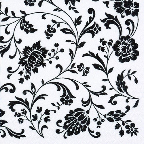 20 Servietten Blumenranken weiß-schwarz/Blumen/Ornamente 33x33cm von Servietten Blumen