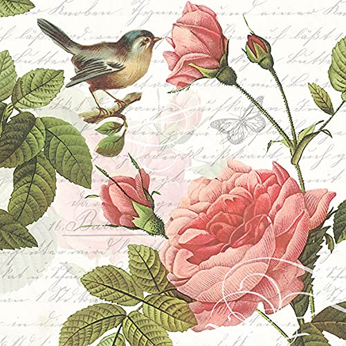 20 Servietten Einzelner Vogel an Rose | Tiere | Blumen | Tischdeko 33x33cm von Servietten Blumen