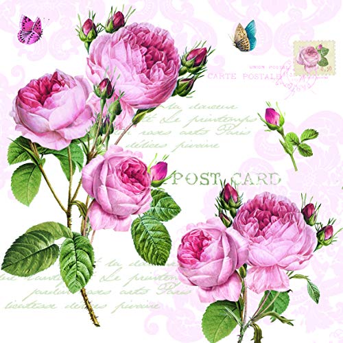 Birsppy 20 Servietten Rosa Rosen an Schrift | Blumen | Hochzeit | Vintage 33x33cm von Servietten Blumen