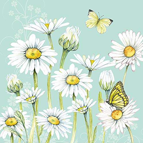 20 Servietten Schmetterling an Margeriten grün | Blumen | Frühling | Sommer | Tischdeko 33x33cm von Servietten Blumen