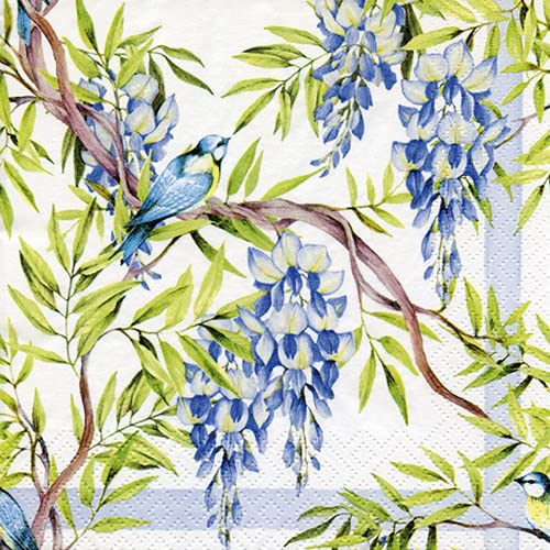 20 Servietten Vögel an Wisteria blau lila | Blumen | Frühling | Sommer | Tischdeko 33x33cm von Servietten Blumen