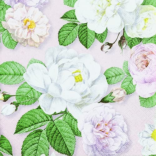 20 Servietten weiße Rosen auf Rosa | Blumen | Tischdeko 33x33cm von Servietten Blumen