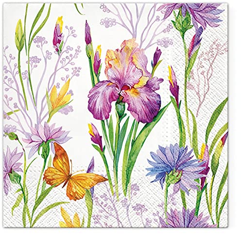 Servietten Blumen 20 Schmetterlinge an Iris | Blumen | Blätter | Garten | floral | Blumenmotiv | Frühling | Sommer | Tischdeko 33x33cm von Servietten Blumen