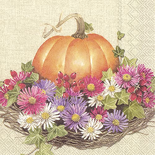 20 Servietten Kürbis im Blumenfeld | Erntedank | Herbst | Tischdeko 33x33cm von Serviettenshop