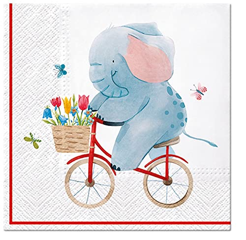 20 Servietten Elefant auf Fahrrad | Kinder | Tiere | lustig | Geburtstag | Party | Kindermotiv | Mädchen | Junge | Tischdeko 33x33cm von Servietten Kinder