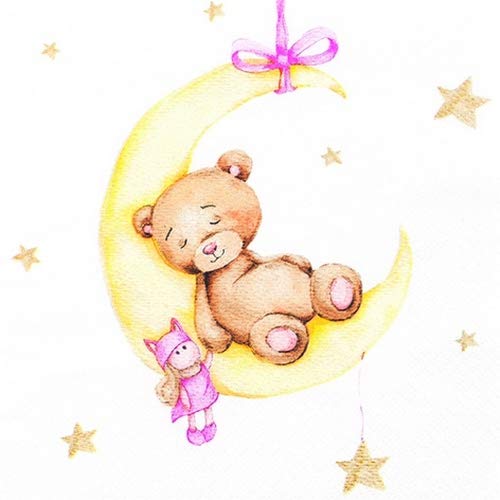 20 Servietten Teddy im Mond rosa | Baby | Geburt | Taufe 33x33cm von Servietten Kinder