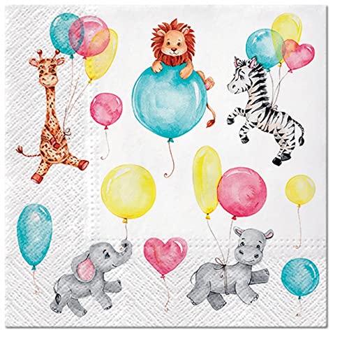 20 Servietten Tiere spielen mit Ballons | Elefant | L?we | Zebra | Kinder | Geburtstag | Party | Mädchen| Jungen | Tischdeko 33x33cm von Servietten Kinder