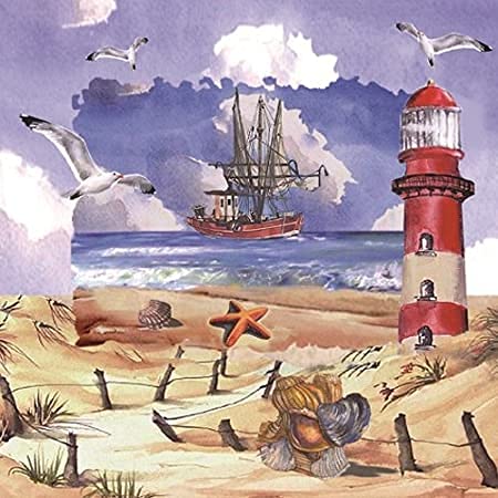 20 Servietten Strandszene/Muscheln/Leuchtturm/Schiff/Meer/See / 33x33cm von Servietten Maritim