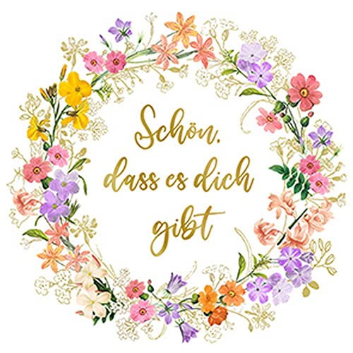 20 Servietten Blumenkranz mit Sch?n dass es dich gibt | Geburtstag | Gast | Blumen | Geburt | Taufe | Spruch | Text | Schrift | Fest | Party | Tischdeko 33x33cm von Servietten Schrift