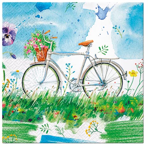 20 Servietten Blumenfahrrad auf Wiese | Fahrrad | Natur | Frühling | Sommer | Kinder | Tischdeko 33x33cm von Servietten Sommer