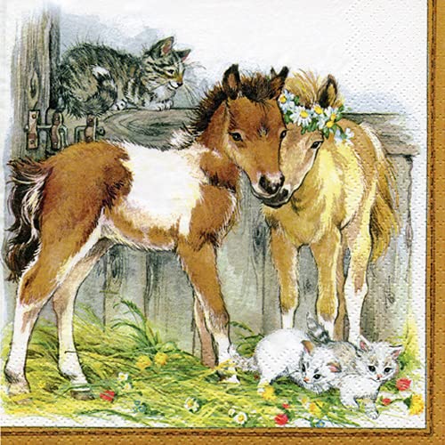 20 Servietten Pferde und Katzen im Hof | Bauernhof | Tiere | Tischdeko 33x33cm von Servietten Tiere