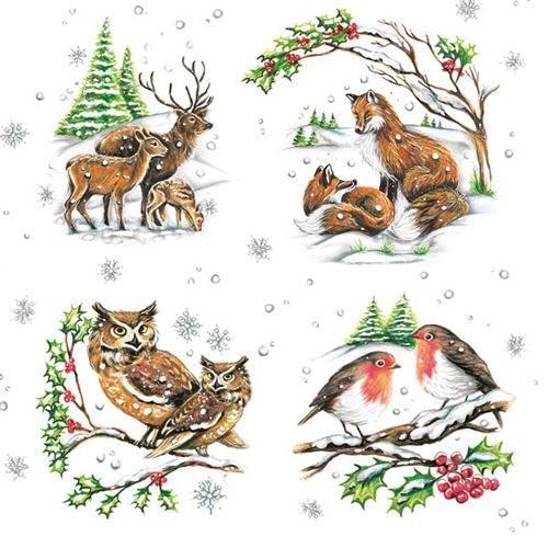 20 Servietten Tierfamilien im Winter | Fuchs | Eule | Reh | Hirsch | Vögel 33x33cm von Servietten Tiere