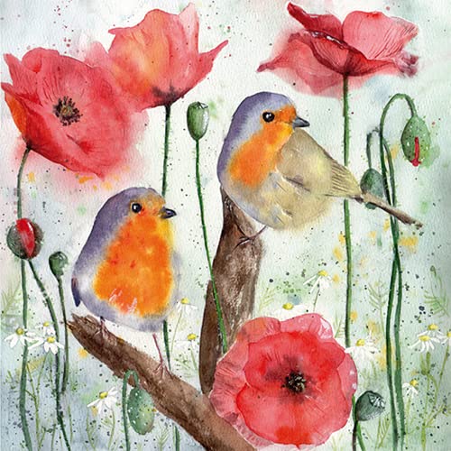 20 Servietten Vögel und Mohnblumen | Tiere | Blumen | Sommer | Tischdeko 33x33cm von Servietten Tiere
