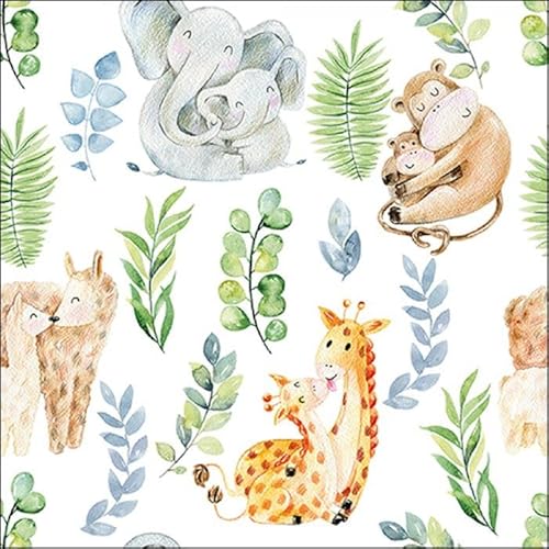 Servietten Tiere 20 Tierfamilien mit Blätter | Elefant Giraffe Zoo Kinder Tischdeko 33x33cm von Servietten Tiere