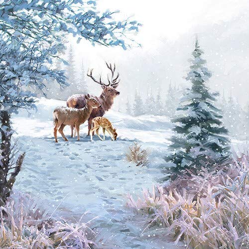 20 Servietten Hirschfamilie im Winterwald als Tischdeko für Liebhaber von Tier und Wald 33x33cm von Servietten Weihnachten