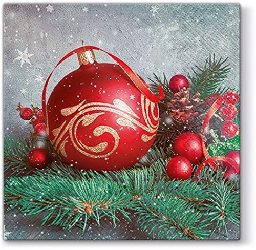 20 Servietten Rote Kugel auf Zweige als Tischdeko für Winter und Weihnachten 33x33cm von Servietten Weihnachten