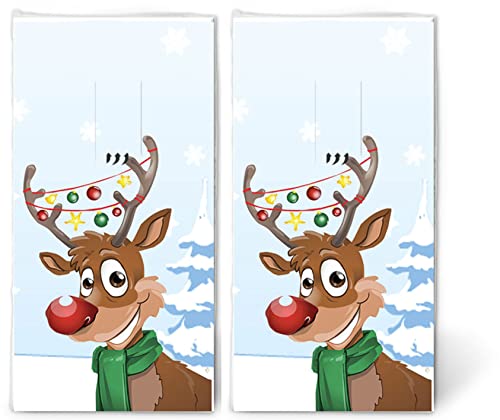 20 winterliche Taschentücher Weihnachten Rudi for Christmas - Rentier in Weihnachtsstimmung für Kinder und Erwachsene als Geschenk im Winter. 2 Packungen mit 10 einzelnen Papiertaschentücher. von Servietten Weihnachten