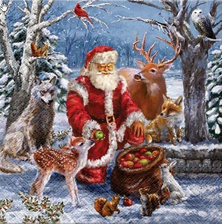 Servietten Weihnachten 20 Servietten Weihnachtsmann füttert Tiere im Wald | Santa | Winter | Weihnachten | Tischdeko 33x33cm, 33x33 cm (20er Pack) von Servietten Weihnachten
